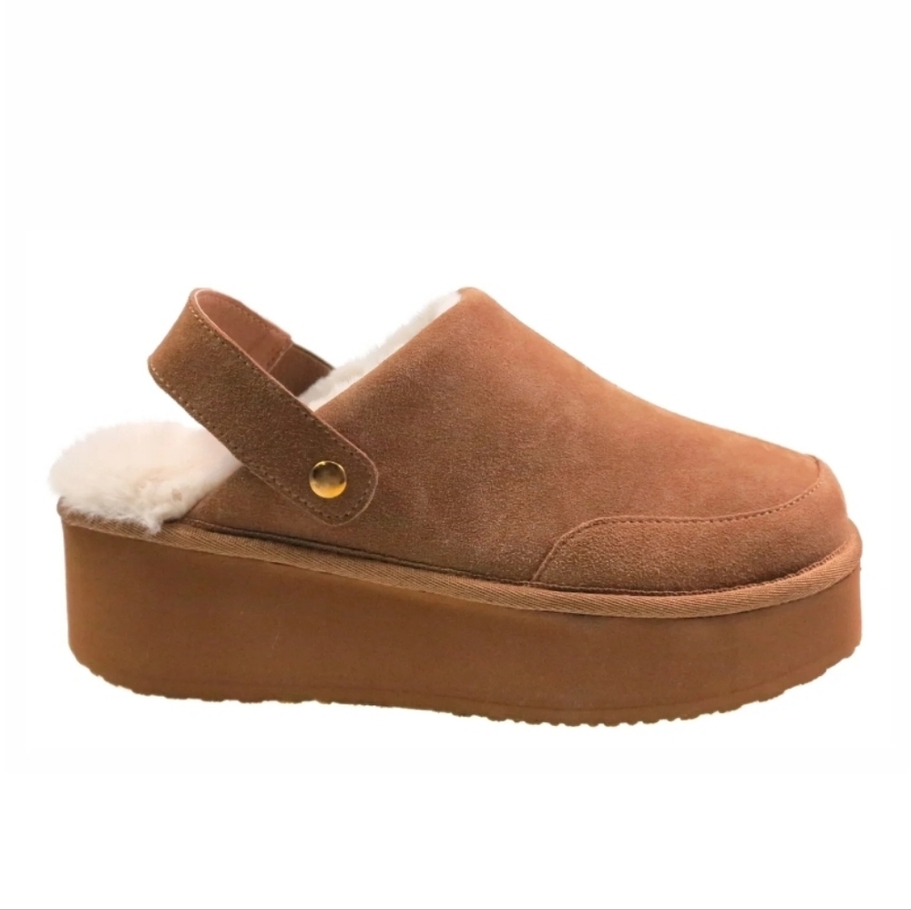 Suede Faux Fur Slip On Tan Platform Convertible Clogs Size 8 - Picture 2 of 6